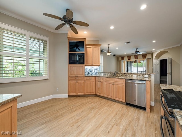 kitchen featuring range with electric stovetop, backsplash, decorative light fixtures, black microwave, and dishwasher