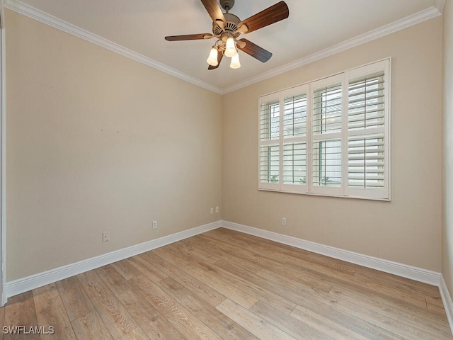 spare room with ceiling fan, light wood-type flooring, and crown molding