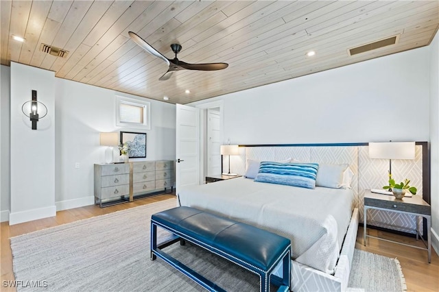 bedroom featuring light wood-type flooring, ceiling fan, and wood ceiling