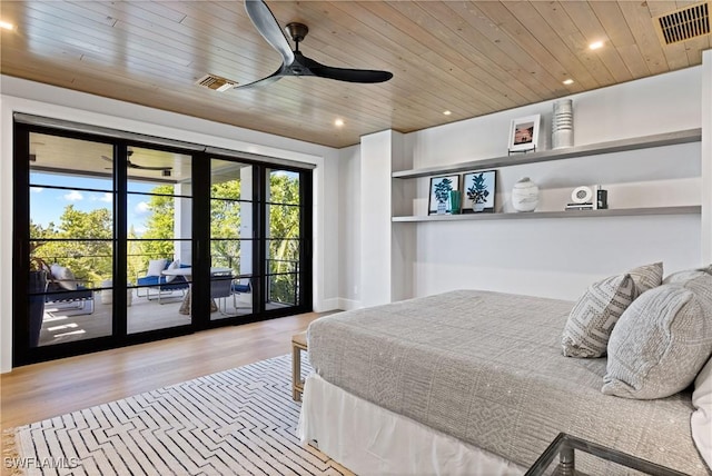 bedroom featuring light wood-type flooring, wooden ceiling, access to outside, and ceiling fan