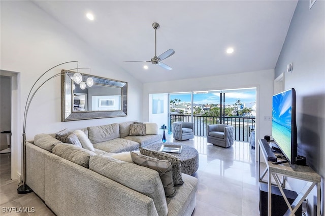 living room featuring high vaulted ceiling and ceiling fan