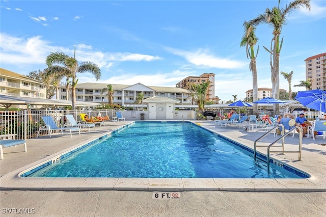 view of swimming pool with a patio