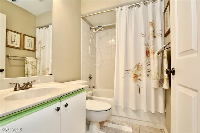 full bathroom with toilet, shower / bath combination with curtain, tile patterned floors, and vanity