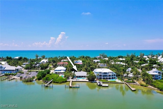 aerial view featuring a water view