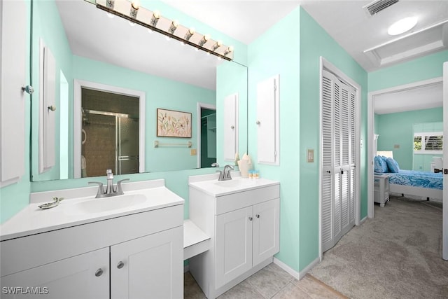 bathroom with vanity and walk in shower