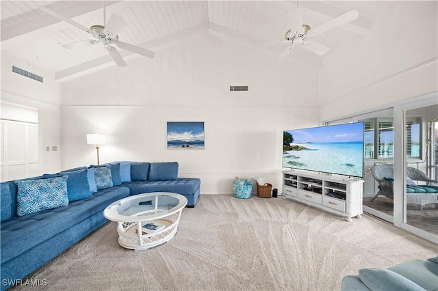 carpeted living room with ceiling fan, beam ceiling, high vaulted ceiling, and wooden ceiling