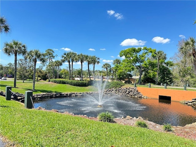 view of community featuring a yard and a water view