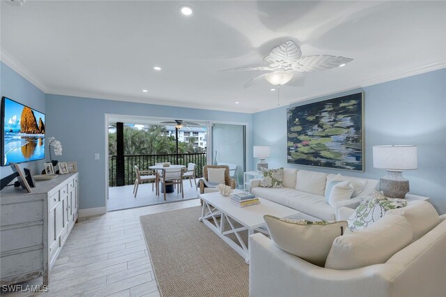 living room with crown molding