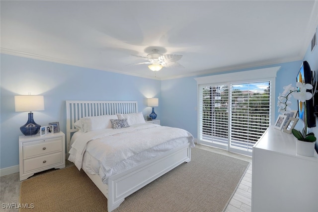 bedroom featuring ceiling fan, baseboards, access to exterior, and crown molding