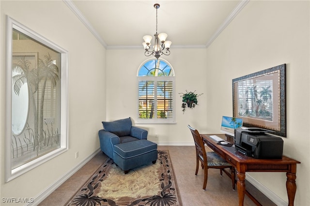 home office featuring crown molding and a notable chandelier