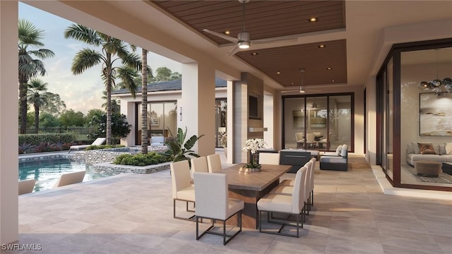 patio terrace at dusk featuring a fenced in pool, pool water feature, and ceiling fan