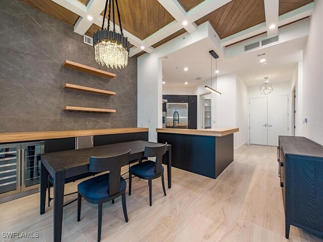 dining space with sink, tile walls, wine cooler, a notable chandelier, and wooden ceiling