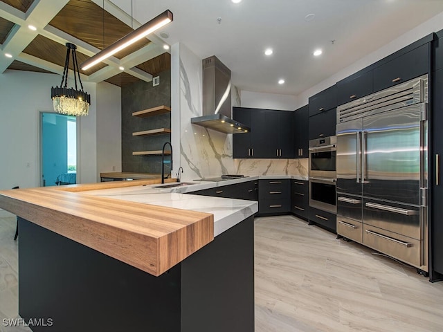 kitchen with sink, appliances with stainless steel finishes, backsplash, kitchen peninsula, and wall chimney exhaust hood