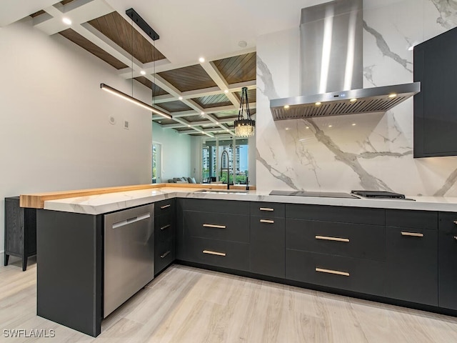 kitchen with sink, extractor fan, kitchen peninsula, dishwasher, and pendant lighting