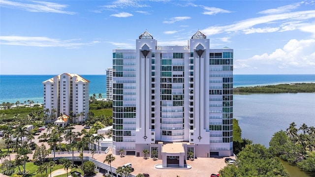 view of building exterior featuring a water view