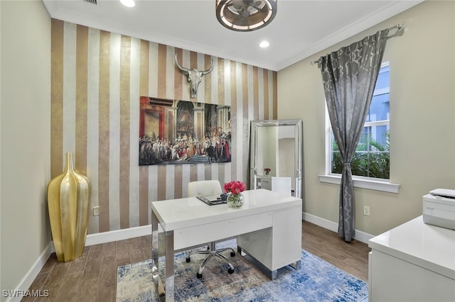 home office with crown molding and hardwood / wood-style floors