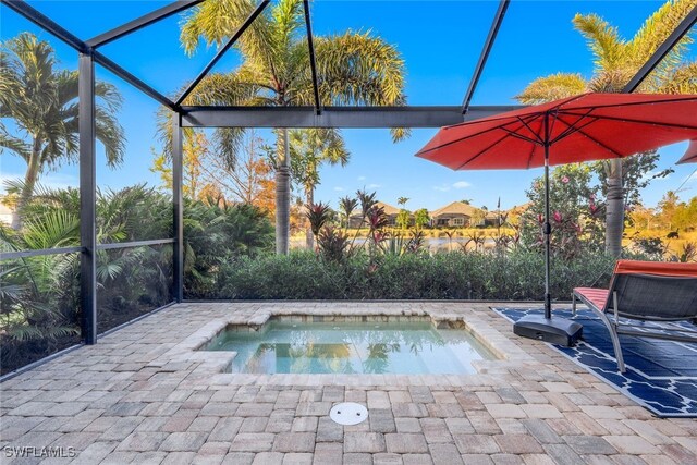 view of pool featuring a lanai and a patio