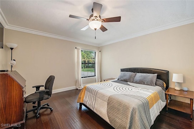 bedroom with ceiling fan, dark hardwood / wood-style flooring, and ornamental molding