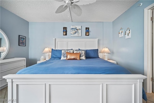 bedroom with a textured ceiling and a ceiling fan