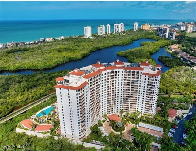 drone / aerial view with a water view