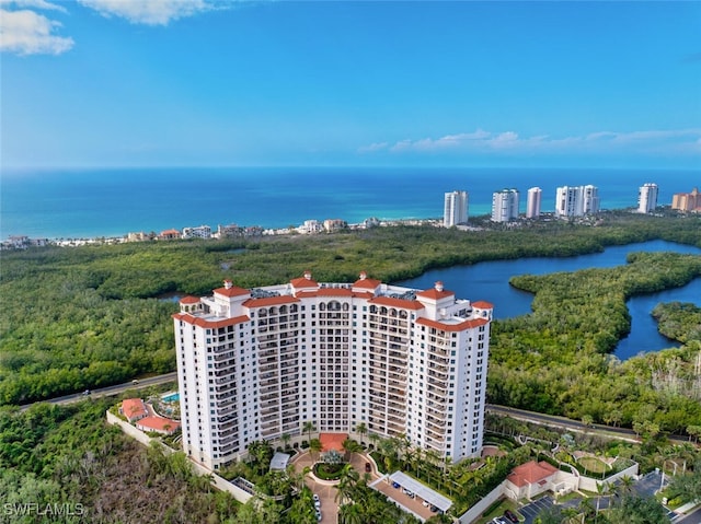 drone / aerial view with a water view