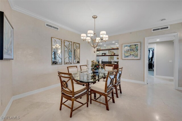 dining area featuring crown molding and a chandelier