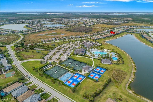 aerial view featuring a water view