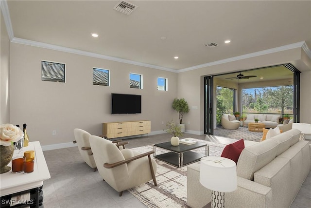 living room featuring light tile patterned flooring and ornamental molding