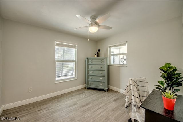 office space with ceiling fan and light hardwood / wood-style floors