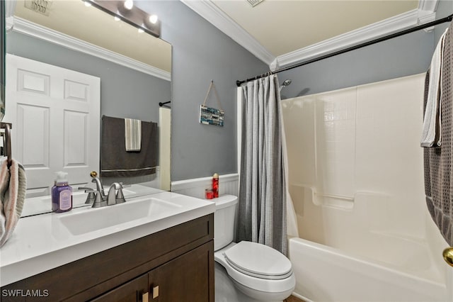 full bathroom with toilet, vanity, ornamental molding, and shower / bath combination with curtain