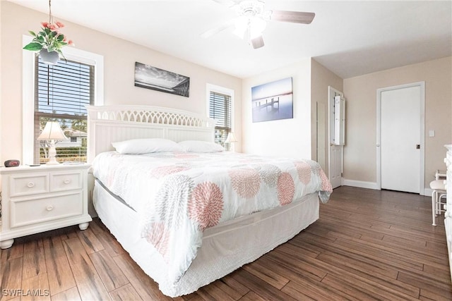 bedroom with ceiling fan, dark hardwood / wood-style flooring, and multiple windows