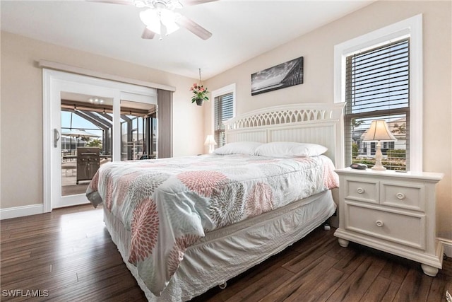 bedroom featuring ceiling fan, dark hardwood / wood-style floors, and access to outside