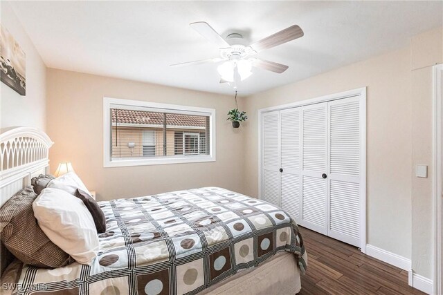 bedroom featuring ceiling fan, a closet, and dark hardwood / wood-style flooring