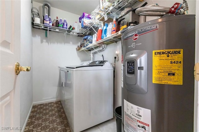 clothes washing area with water heater and washer and dryer