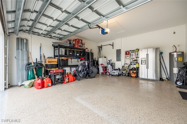 garage with water heater, a garage door opener, electric panel, and stainless steel refrigerator with ice dispenser