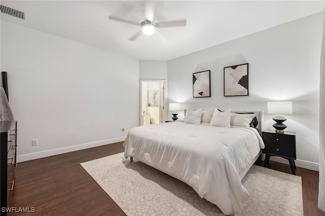 bedroom featuring dark wood-type flooring and ceiling fan