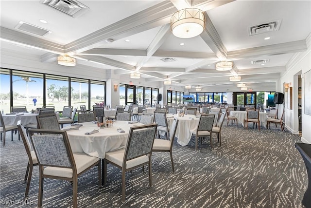 dining room with dark carpet, a wealth of natural light, beamed ceiling, and coffered ceiling