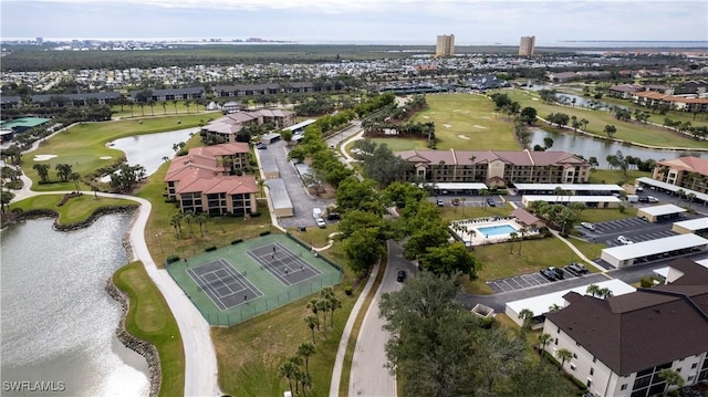 bird's eye view with a water view