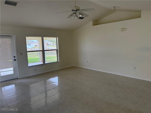 unfurnished room featuring lofted ceiling and ceiling fan