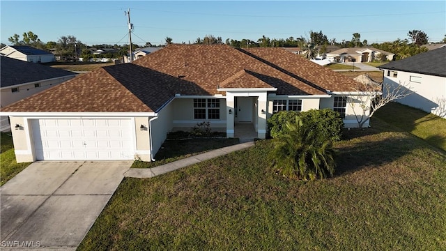 ranch-style home featuring a garage and a front yard