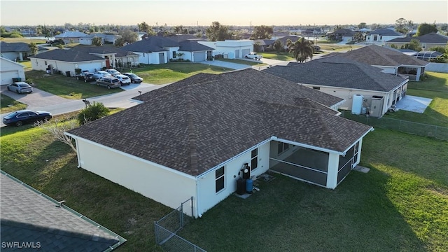 view of aerial view at dusk