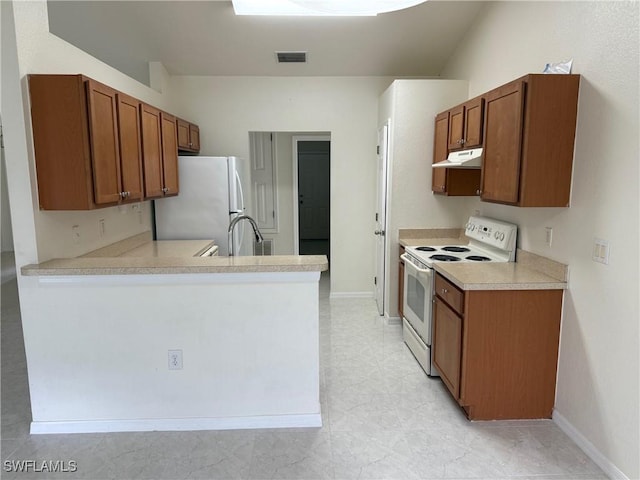 kitchen featuring white appliances, kitchen peninsula, and sink