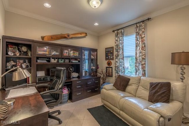 office featuring light tile patterned floors and ornamental molding