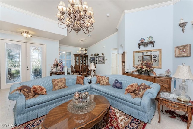 living room featuring light tile patterned floors, crown molding, french doors, high vaulted ceiling, and a notable chandelier