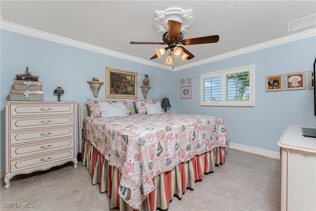 bedroom with ceiling fan and ornamental molding