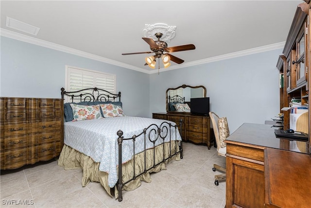 tiled bedroom with ceiling fan and ornamental molding