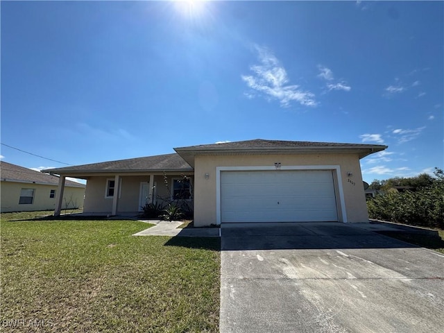 ranch-style home with a garage, concrete driveway, a front yard, and stucco siding