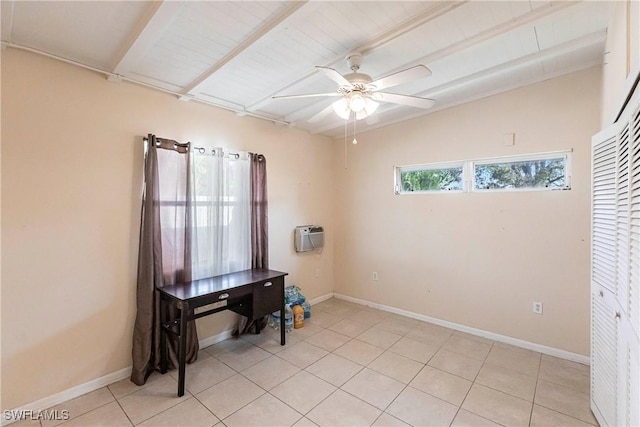 home office with a wall unit AC, vaulted ceiling with beams, ceiling fan, and light tile patterned floors