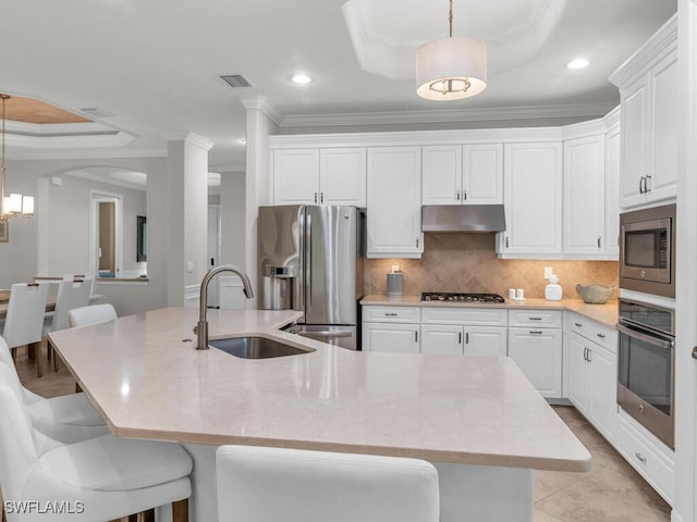 kitchen with a large island, sink, a breakfast bar area, stainless steel appliances, and a tray ceiling