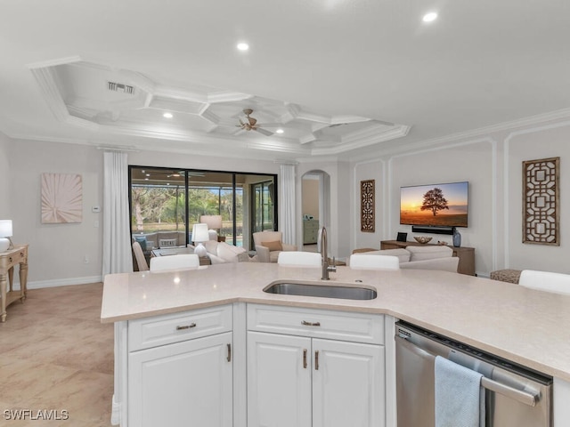 kitchen featuring white cabinetry, sink, coffered ceiling, stainless steel dishwasher, and crown molding